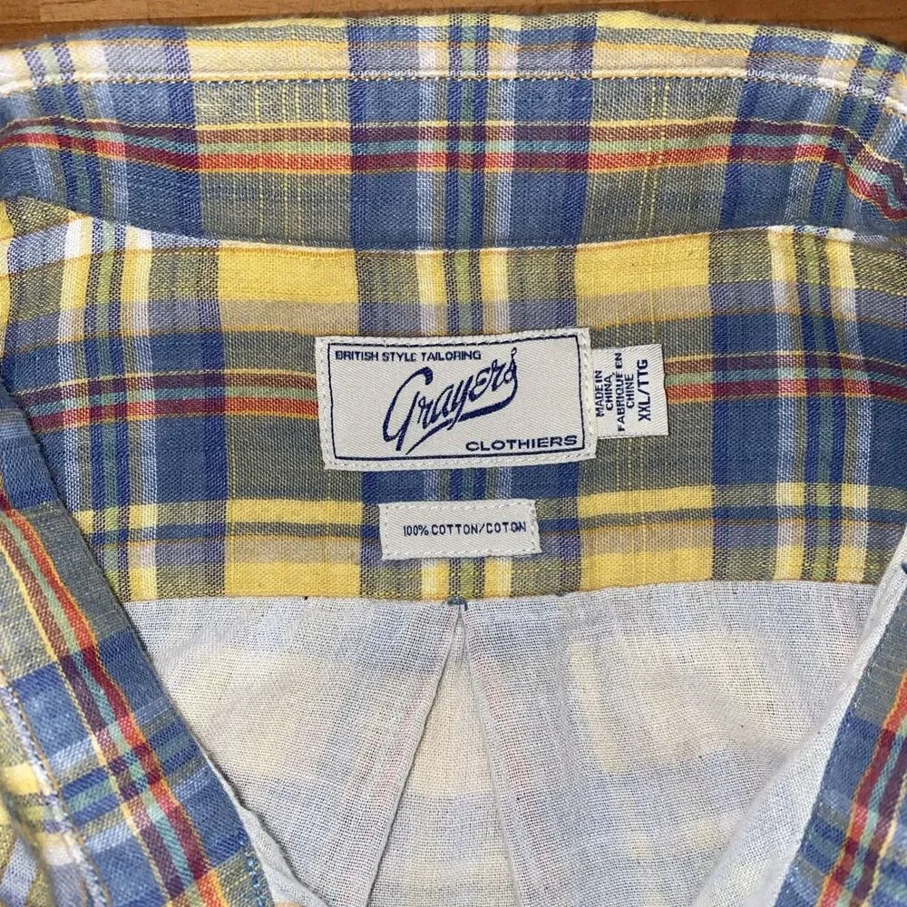 Grayers Clothiers Men's Shirt Size XXL Yellow Blue Plaid Cotton‎ Long Sleeve